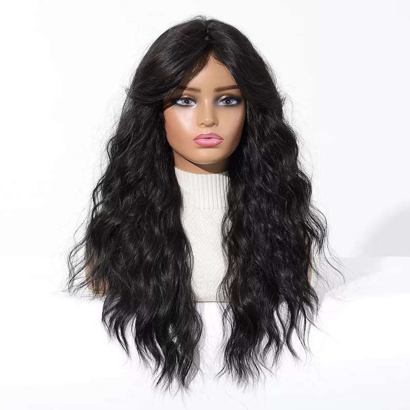 Black Water Wave Long Wig with Curtain Bangs