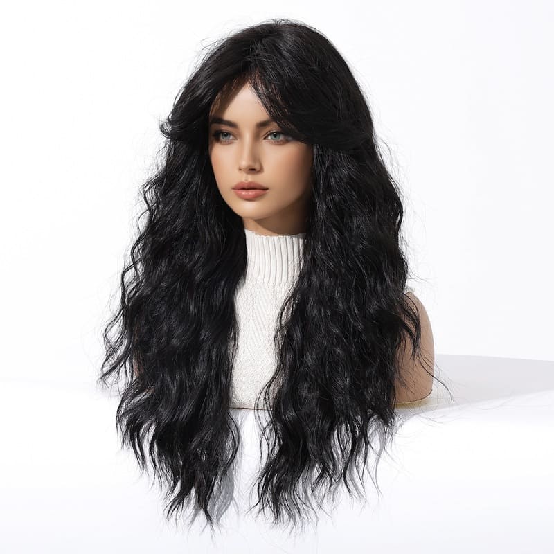 Black Water Wave Long Wig with Curtain Bangs