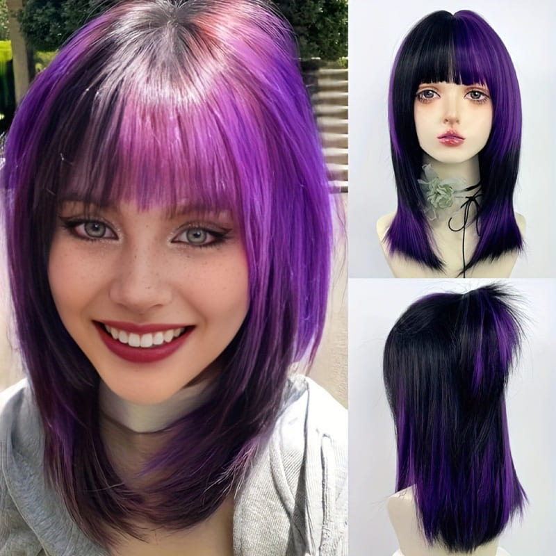 15 Inch Half Black & Purple Straight Shoulder Length Wig with Bangs