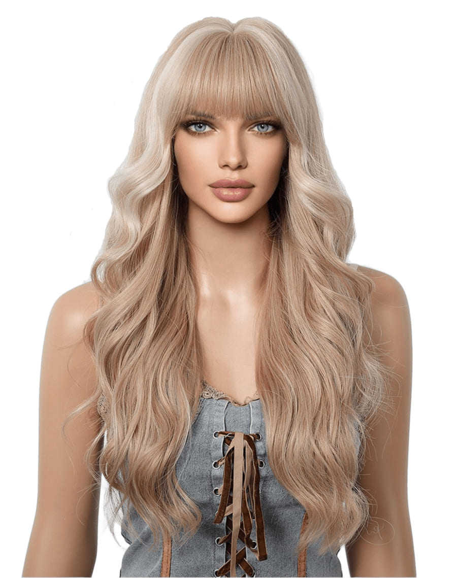 26'' Blonde & White Highlights Loose Wave Wig with Bangs