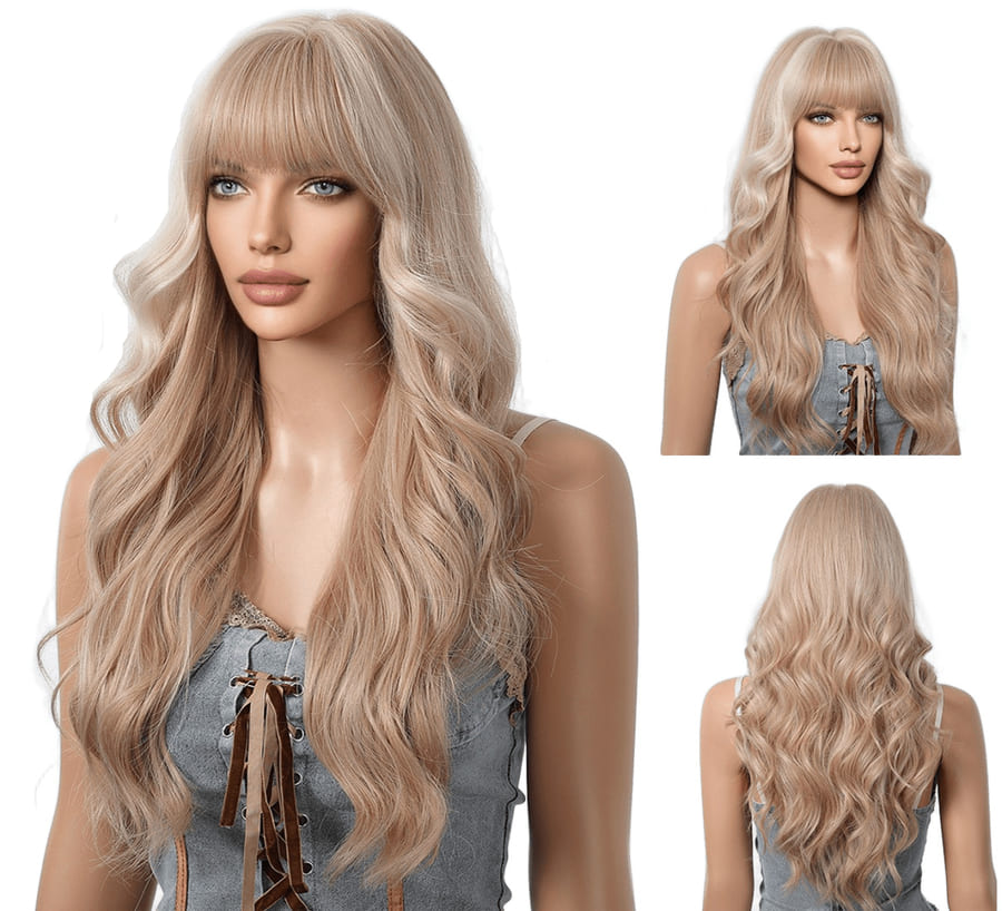 26'' Blonde & White Highlights Loose Wave Wig with Bangs