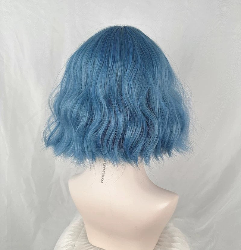 Blue Short Loose Wave Bob Wig with Bangs