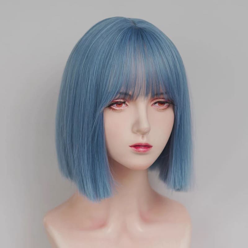 Gray Blue Short Straight Blunt Cut Bob Wig with Full Fringe