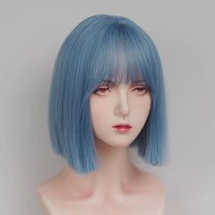 Gray Blue Short Straight Blunt Cut Bob Wig with Full Fringe