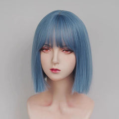Gray Blue Short Straight Blunt Cut Bob Wig with Full Fringe
