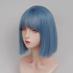 Gray Blue Short Straight Blunt Cut Bob Wig with Full Fringe