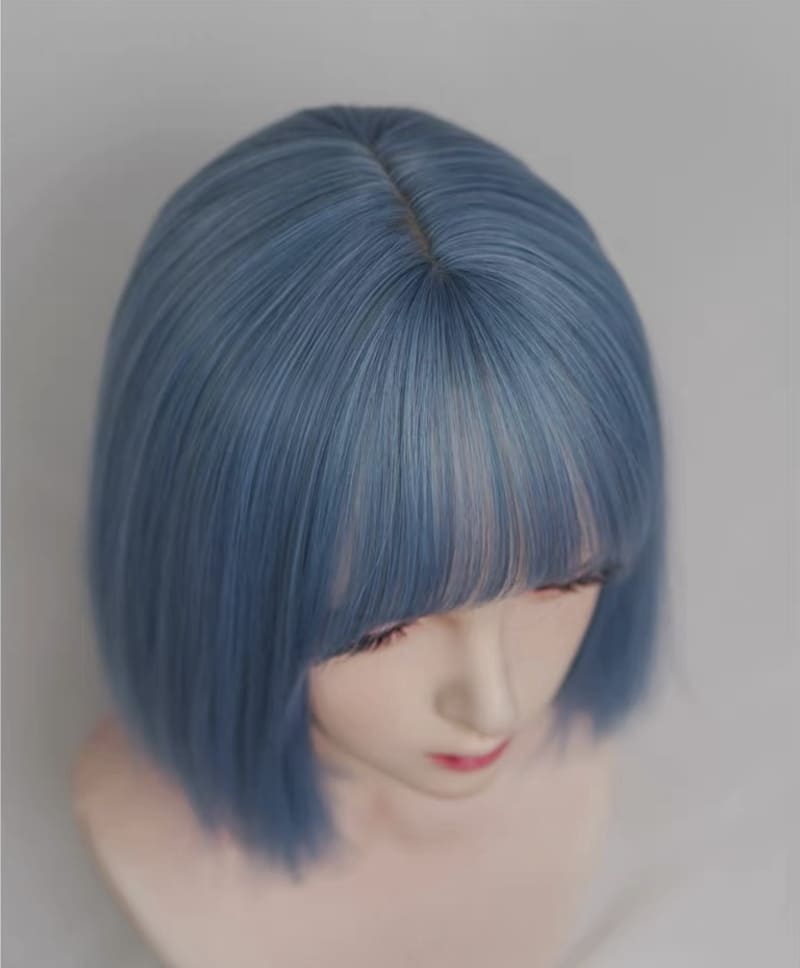 Gray Blue Short Straight Blunt Cut Bob Wig with Full Fringe