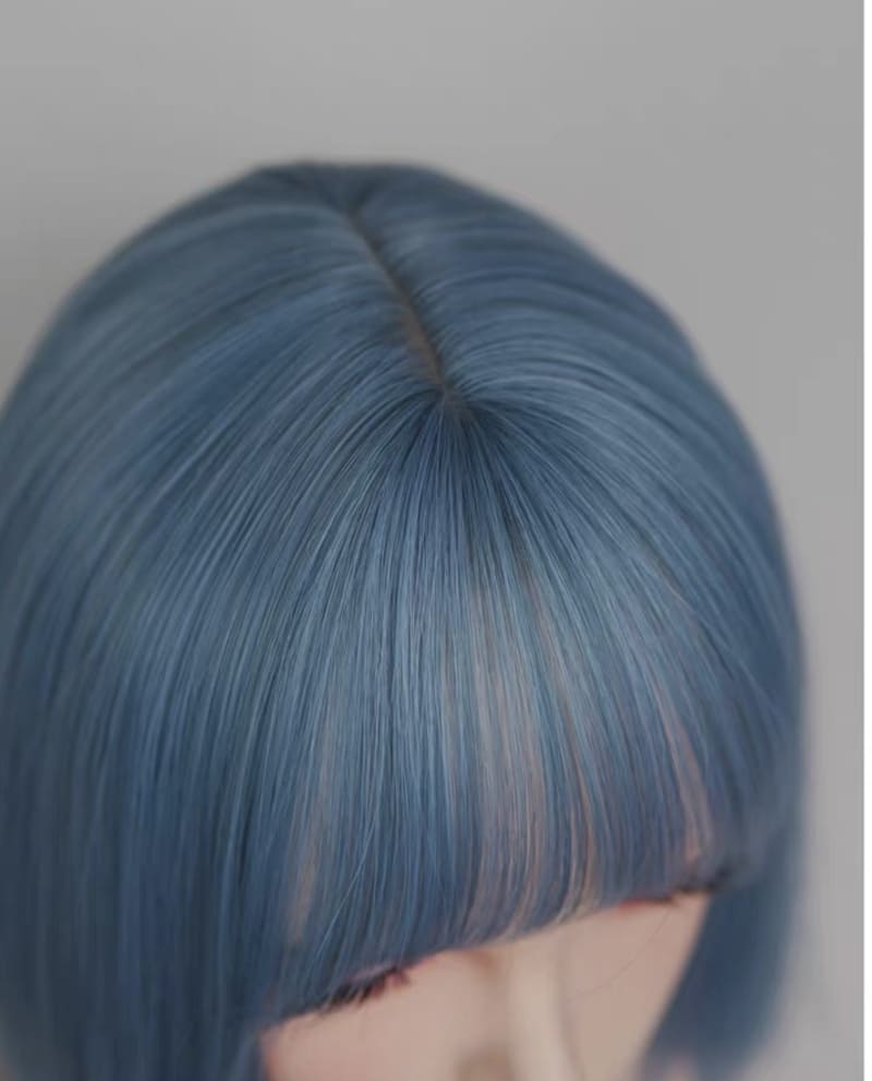 Gray Blue Short Straight Blunt Cut Bob Wig with Full Fringe