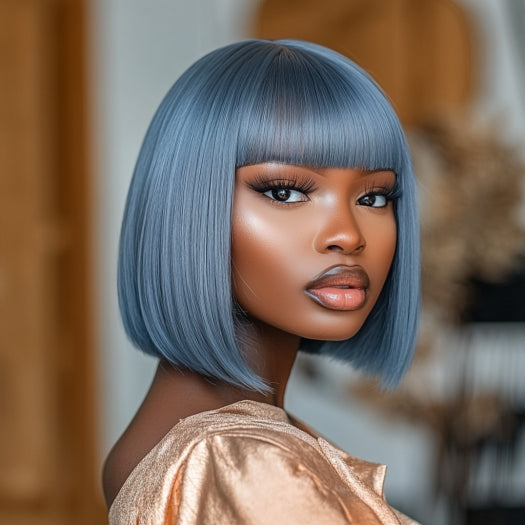 Gray Blue Short Straight Blunt Cut Bob Wig with Full Fringe