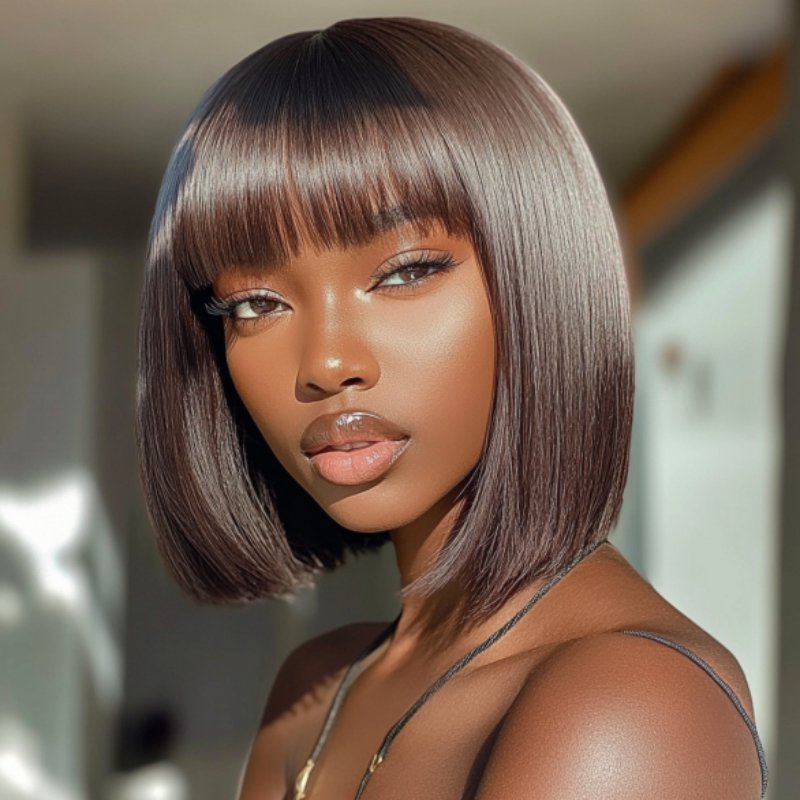Brown Short Straight Blunt Cut Bob Wig with Bangs