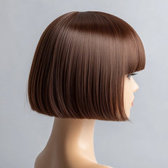 Brown Short Straight Blunt Cut Bob Wig with Bangs