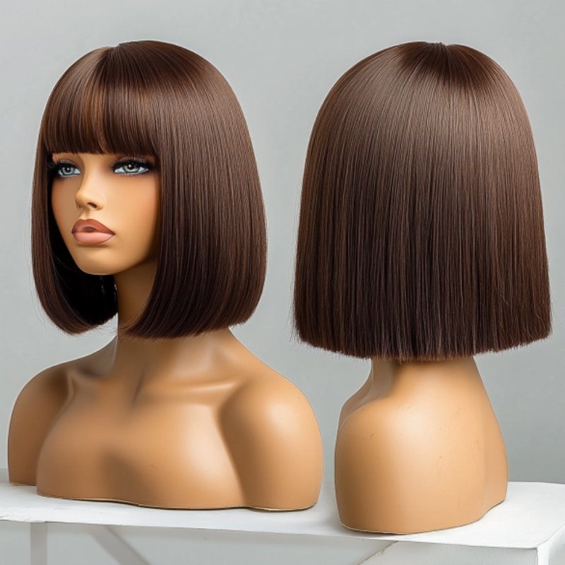 Brown Short Straight Blunt Cut Bob Wig with Bangs