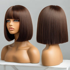 Brown Short Straight Blunt Cut Bob Wig with Bangs