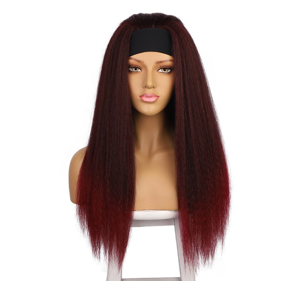 Burgundy Long Yaki Kinky Straight Headband Wig for Black Women