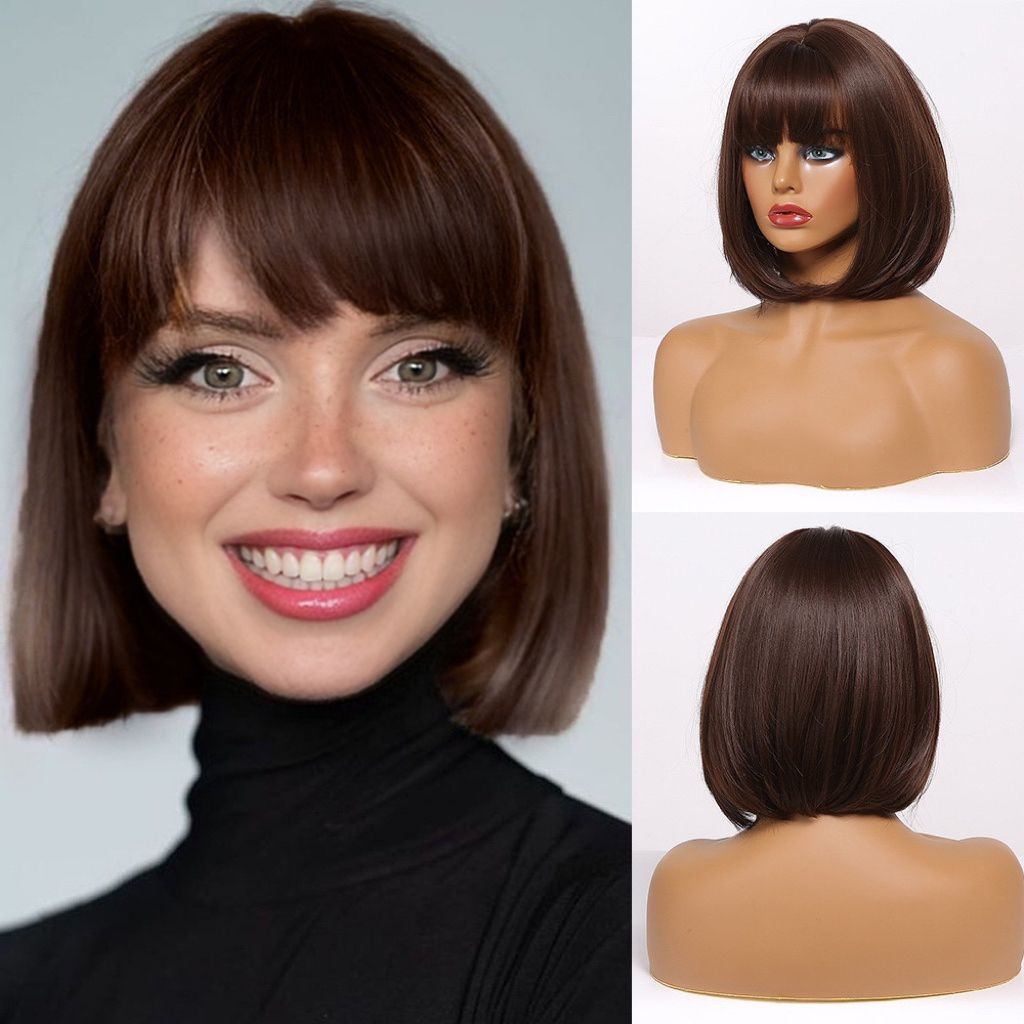 Dark Brown Short Straight Fringe Bob Wig for Ladies