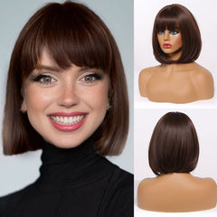 Dark Brown Short Straight Fringe Bob Wig for Ladies