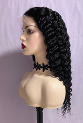 Long Elegant Black Human Hair Front Lace Free Part Deep Wave Wig