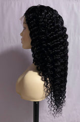 Long Elegant Black Human Hair Front Lace Free Part Deep Wave Wig
