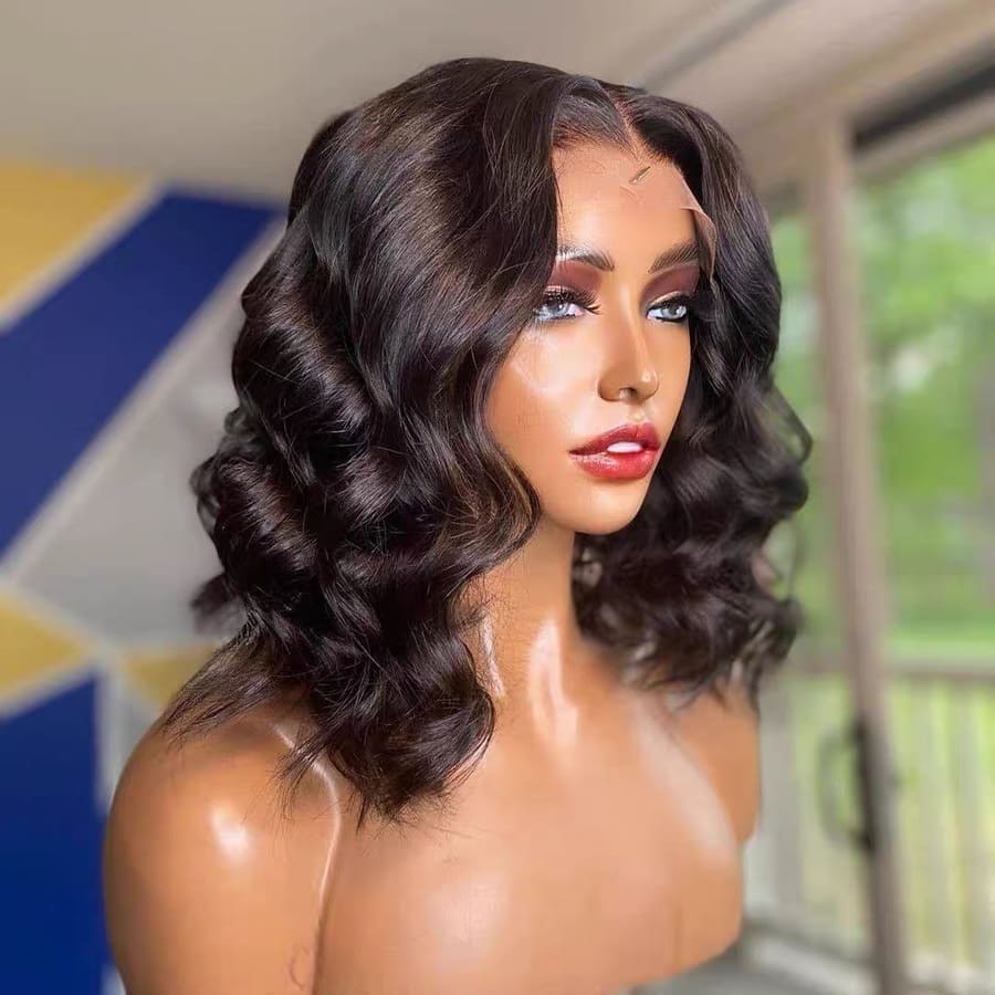 14 Inch Black 13 x4 HD Swiss Front Lace Loose Wave Bob Wig