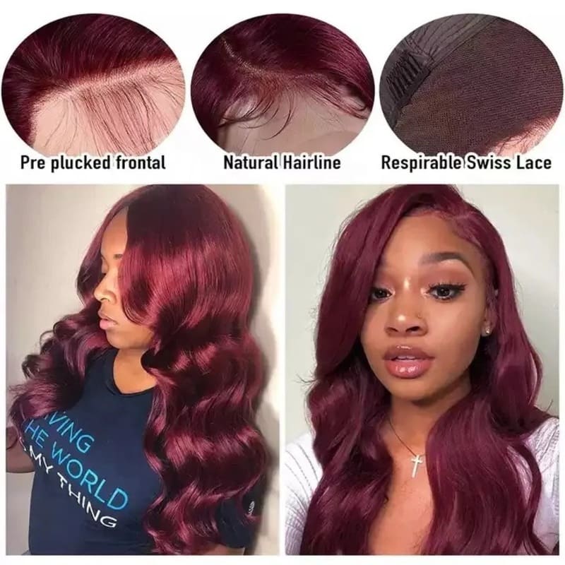 Human Hair Dark Burgundy 99J Front Lace Body Wave Wig