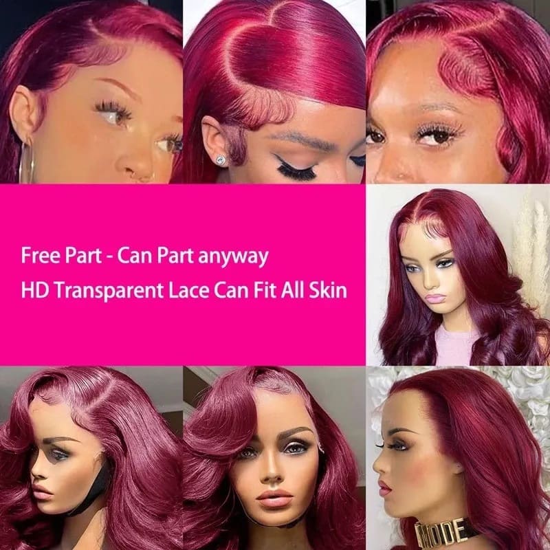 Human Hair Dark Burgundy 99J Front Lace Body Wave Wig