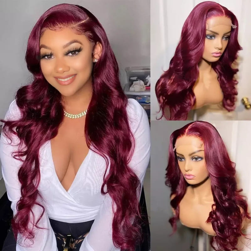 Human Hair Dark Burgundy 99J Front Lace Body Wave Wig