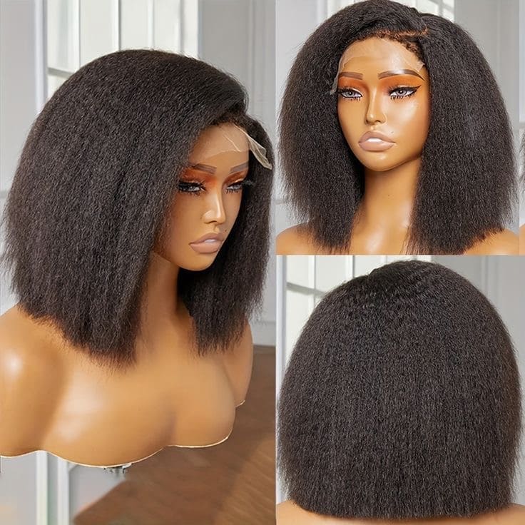 Human Hair Kinky Straight 13x4 Front Lace Black Bob Wig