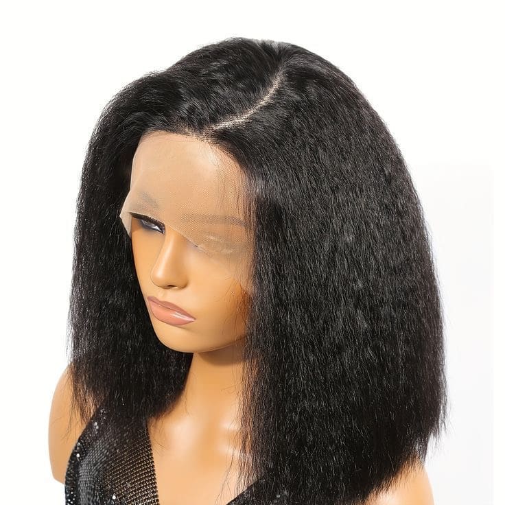 Human Hair Kinky Straight 13x4 Front Lace Black Bob Wig
