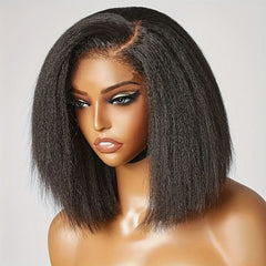 Human Hair Kinky Straight 13x4 Front Lace Black Bob Wig