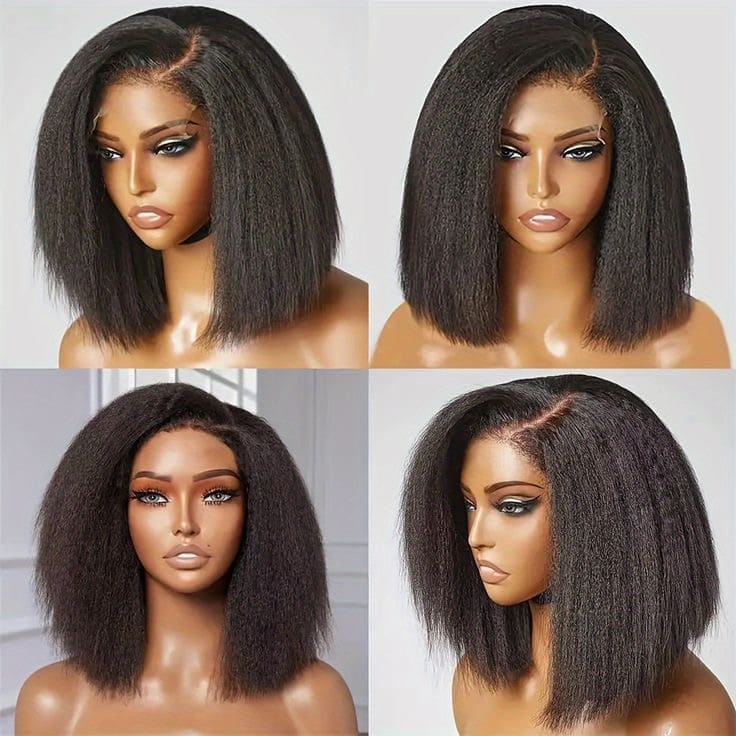 Human Hair Kinky Straight 13x4 Front Lace Black Bob Wig