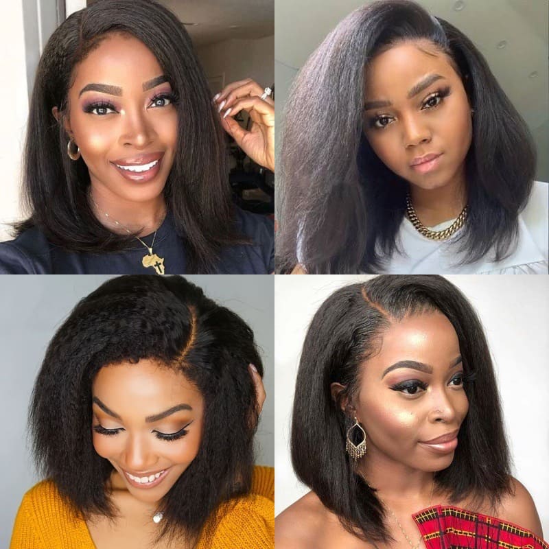 Human Hair Kinky Straight 13x4 Front Lace Black Bob Wig