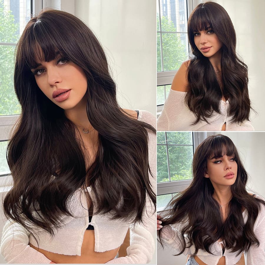 24 Inch Long Brown Loose Wave Wig with Bangs