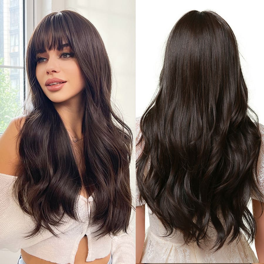 24 Inch Long Brown Beach Wave Wig with Bangs