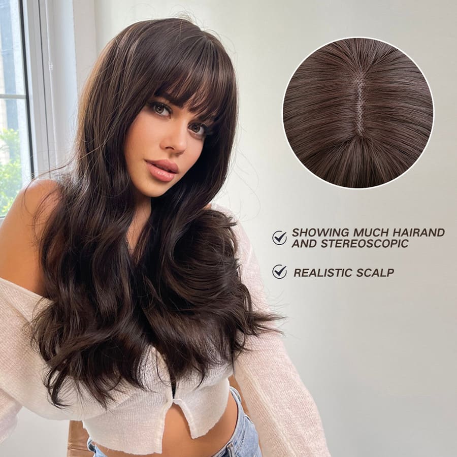 24 Inch Long Brown Loose Wave Wig with Bangs