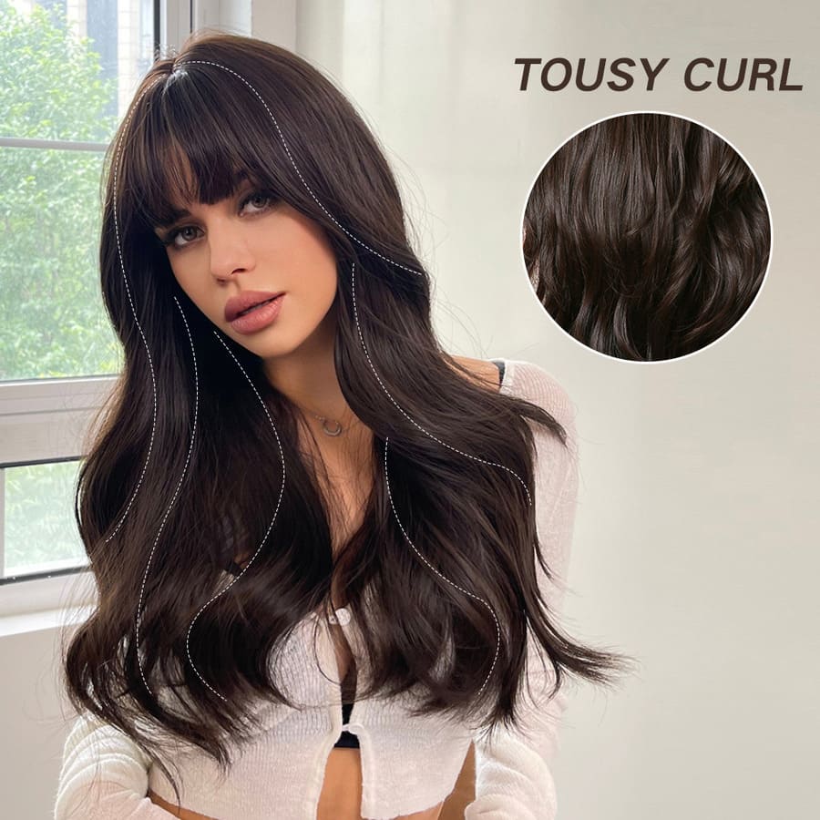 24 Inch Long Brown Loose Wave Wig with Bangs