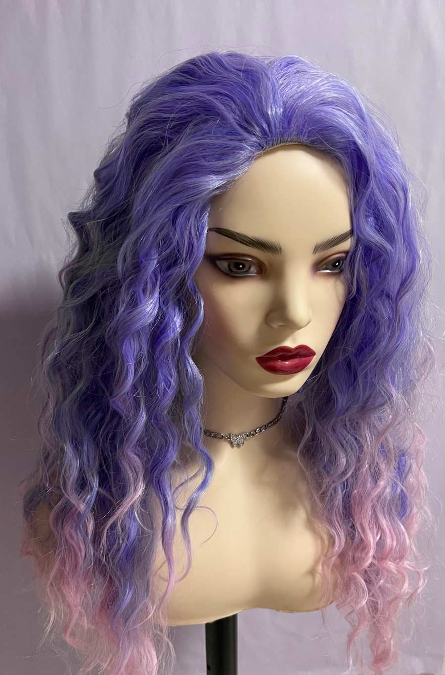 26'' Long Light Purple Latina Curly Wave Pink Highlight Wig