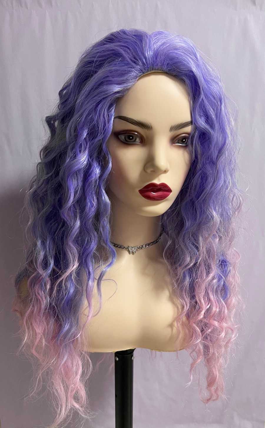 26'' Long Light Purple Latina Curly Wave Pink Highlight Wig