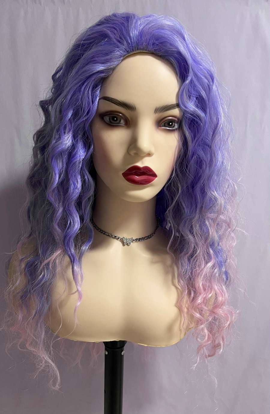 26'' Long Light Purple Latina Curly Wave Pink Highlight Wig