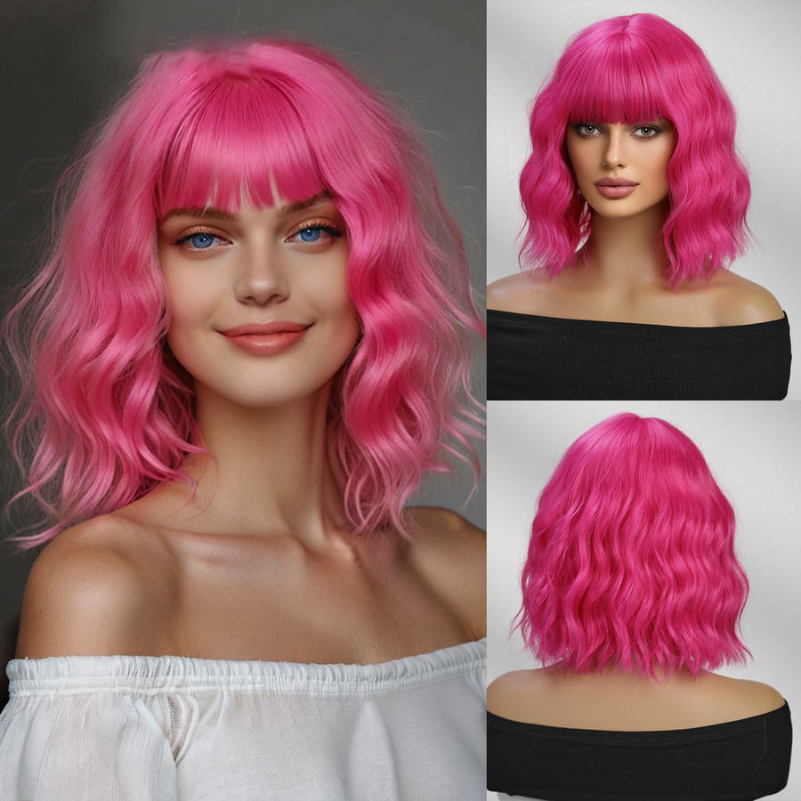 Magenta Short Loose Wave Bob Wig with Bangs