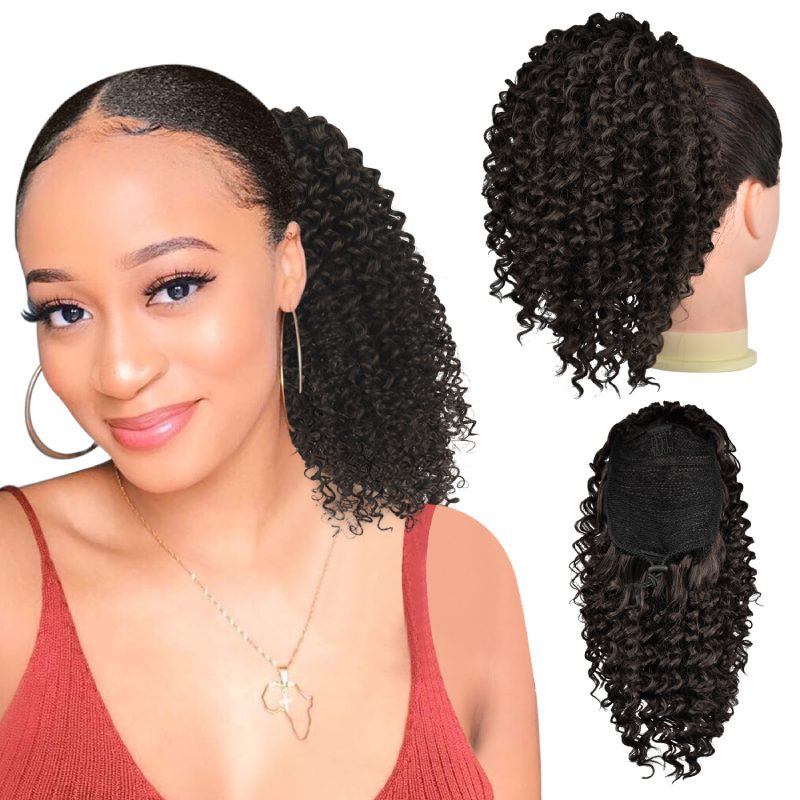 Medium Long Afro Kinky Curly Drawstring Ponytail