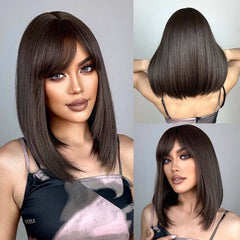 Medium Long Natural Black Layered Straight Wig with Bangs
