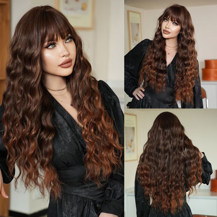 30 Inch Ombre Brown Water Wave Wig with Bangs