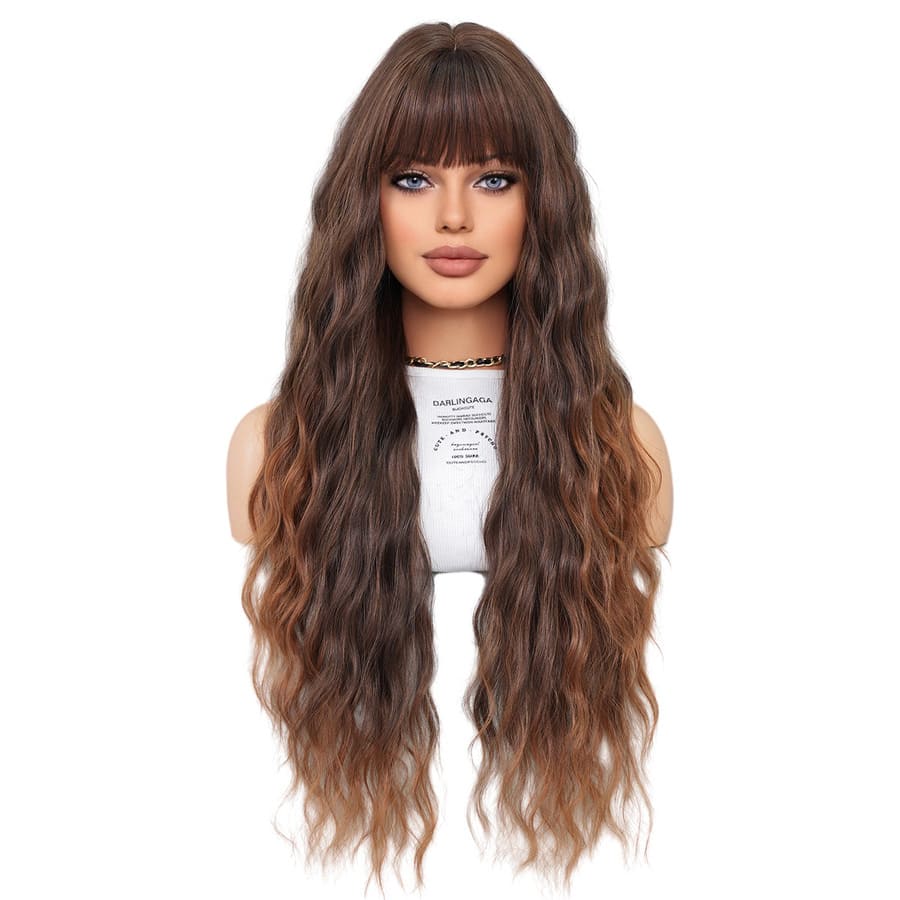 30 Inch Ombre Brown Water Wave Wig with Bangs