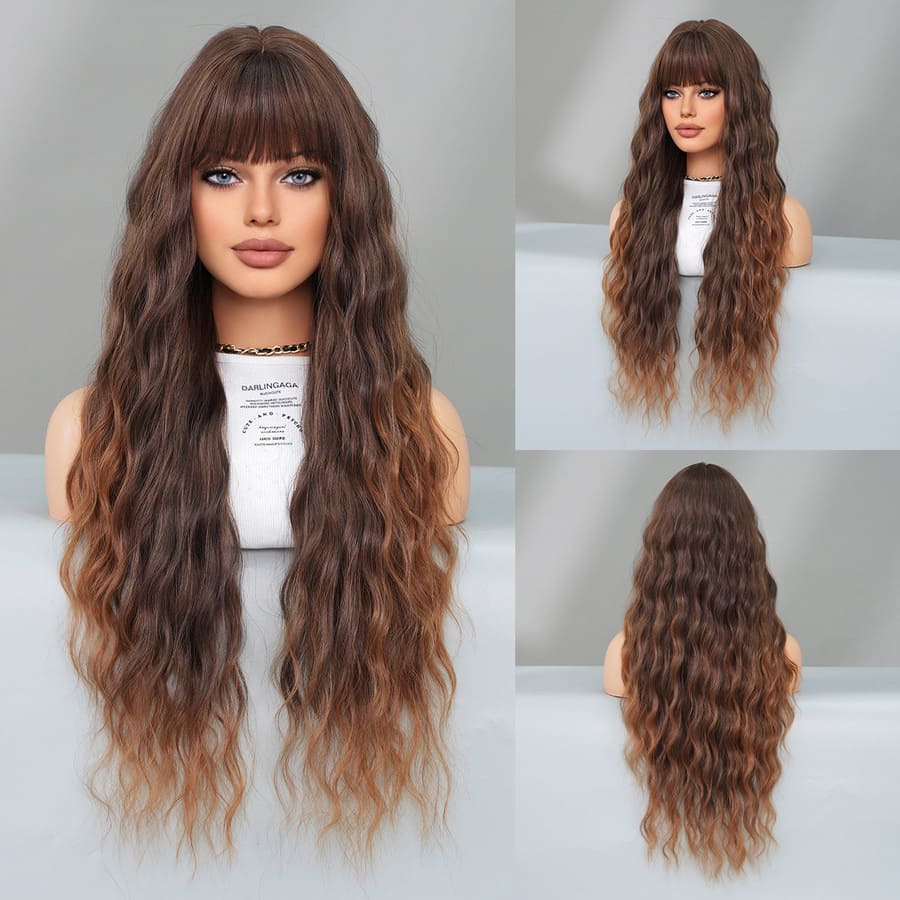 30 Inch Ombre Brown Water Wave Wig with Bangs