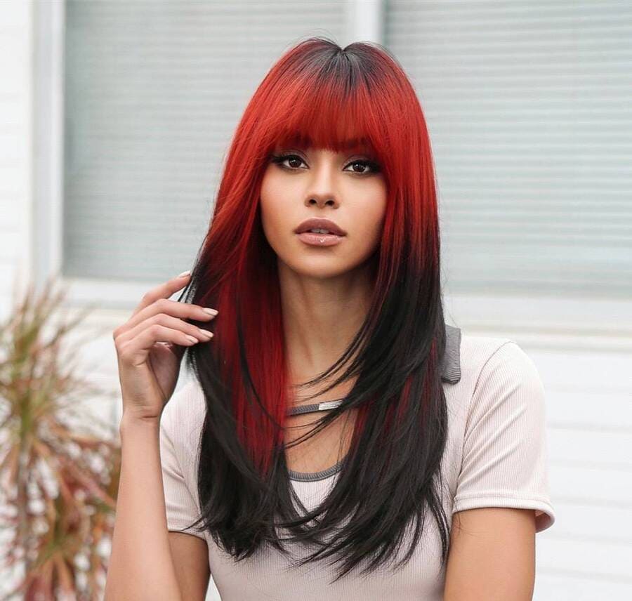 22'' Long Ombre Red and Black Straight Wig with Bangs