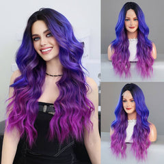 26'' Ombre Purple Blue Front Lace Water Wave Wig with Dark Root