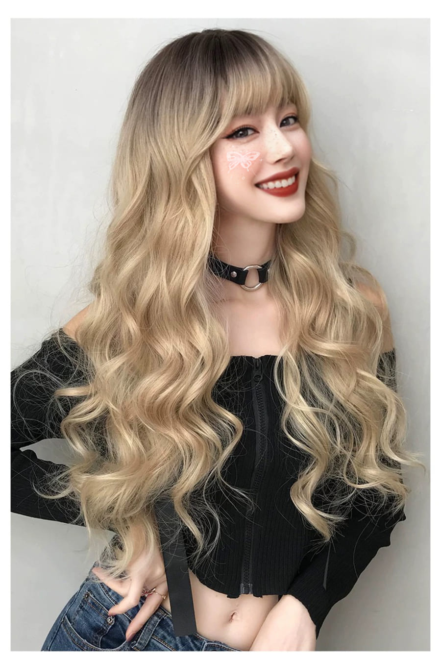 26'' Long Ombre Honey Blonde Body Wave Wig with Bangs