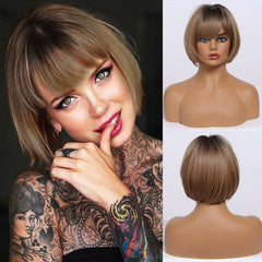 Ombre Light Brown Short Straight Fringe Bob Wig with Dark Root