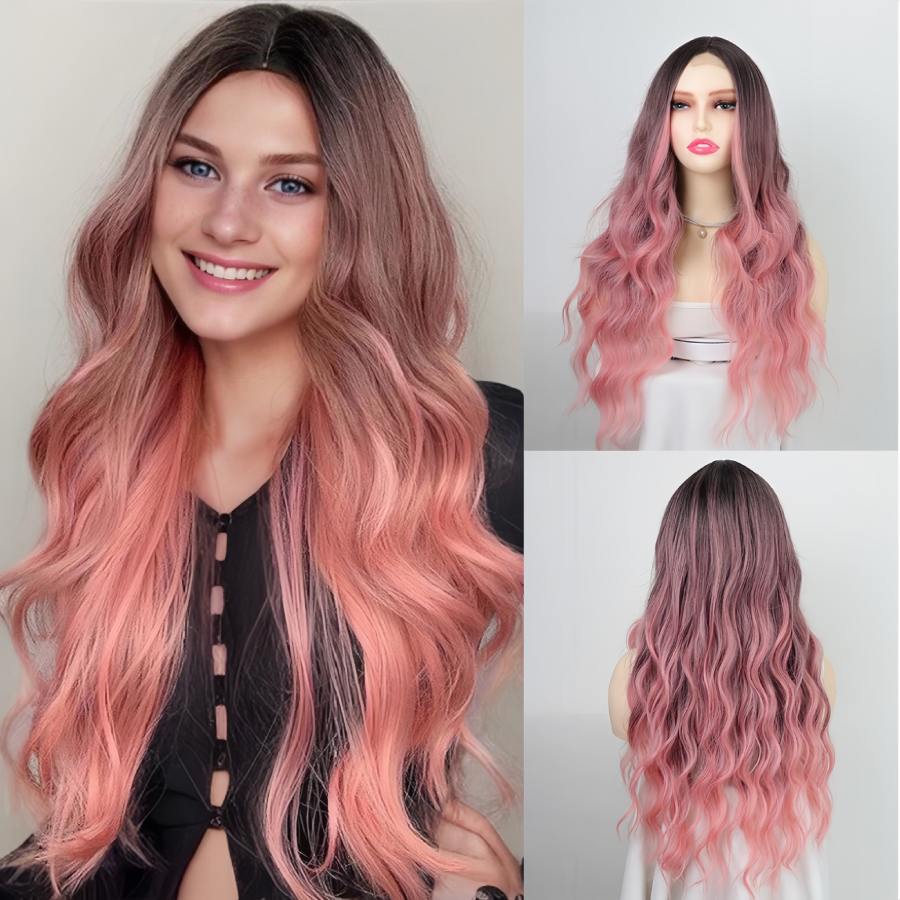 Ombre Pink Glueless Small Front Lace Long Deep Wave Wig