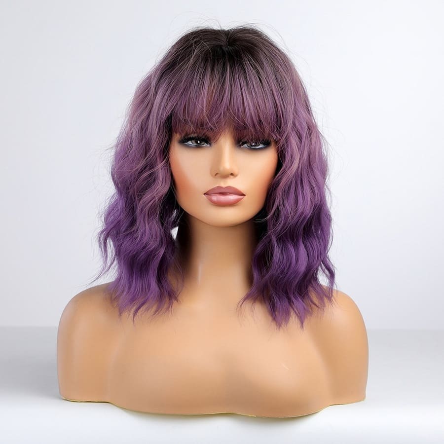 14 Inch Ombre Purple Loose Wave Bob Wig with Bangs